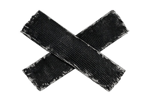 Black fabric tape creating an x mark, signifying censorship, restriction, or a fix. Grunge damaged texture