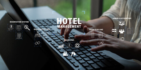 Obraz na płótnie Canvas Hotel Management System Interface with Hands Typing on Keyboard in Modern Workspace for Hospitality Industry Operations and Technology Integration Quark.