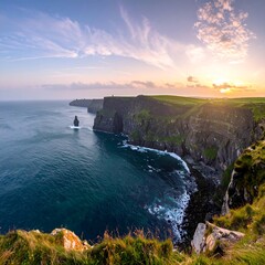 Dramatic cliffs plunge into ocean, sunset paints the sky