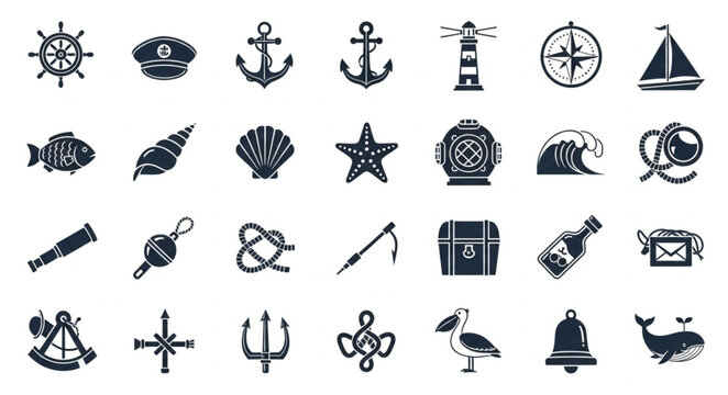 Nautical Icons Collection Sea Marine Symbols Vector Art.