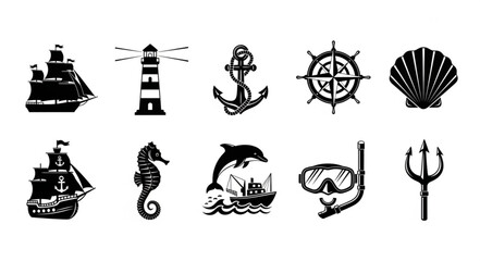 Nautical Icons Collection Sea Life Ships and Lighthouse. © Chanyan