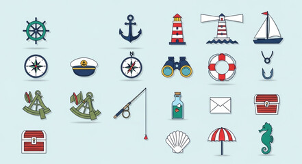 Nautical Icons Collection Sea Adventure Symbols. © Chanyan