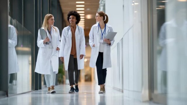 Doctors in Conversation: A trio of medical professionals in lab coats and stethoscopes stride purposefully down a sunlit hallway, engaged in a vibrant discussion, exuding competence and collaboration.