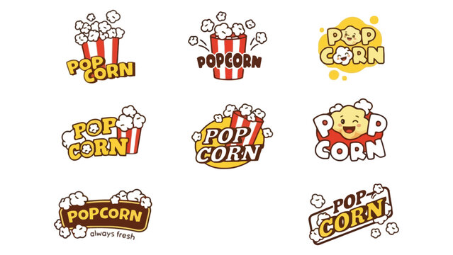 A collection of colorful popcorn logos and branding designs on a white background