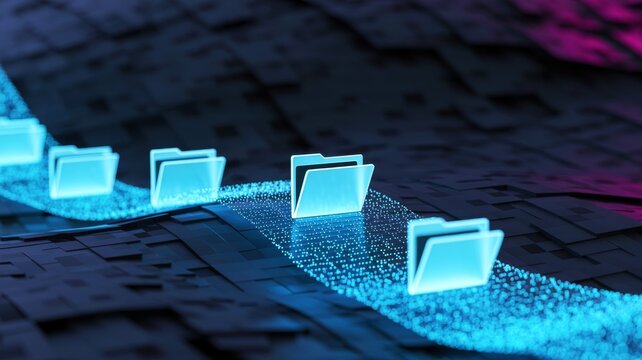A digital representation of glowing folders along a shimmering path, symbolizing data flow and organization in a modern tech environment.