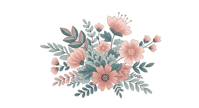 Fantasy embroidered floral textile pattern vector with colorful ethnic flowers leaves and plants on white background