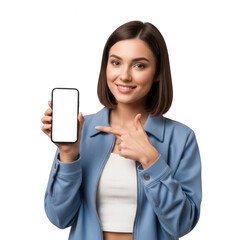 Fototapeta premium A young woman holding a smartphone displaying a white screen with a smile on her face.