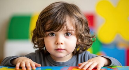 Cute toddler Caucasian boy with curly hair standing indoors near colorful toys, looking at camera with calm expression, representing early childhood, learning environment, and family lifestyle

