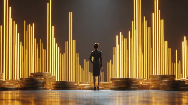 Financial Visionary: A confident individual stands amidst a glowing cityscape of gold, symbolizing financial acumen and visionary leadership. A perfect blend of ambition and the pursuit of success.