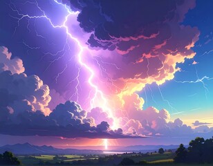 Dramatic thunderstorm scene with lightning illuminating a landscape