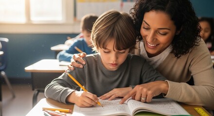 Mother Assisting Young Son with Homework.