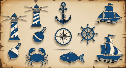 Nautical Icons Collection Featuring Ships Lighthouses and Anchors. © Janahchan
