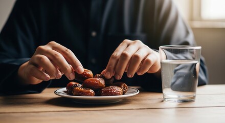 Person Eating Dates with Glass of Water.