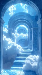 Dreamy ethereal stairway ascends through clouds and arches towards the light