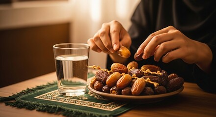 Person Eating Dates with Water Nearby.