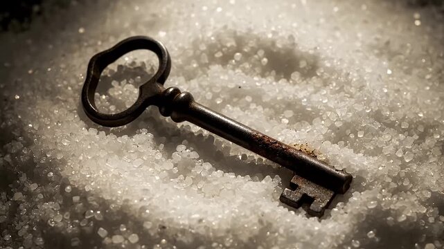 Old skeleton key laying dramatically on sparkling salt crystals