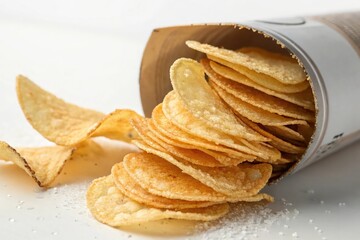 A bag of chips is opened and scattered on a table