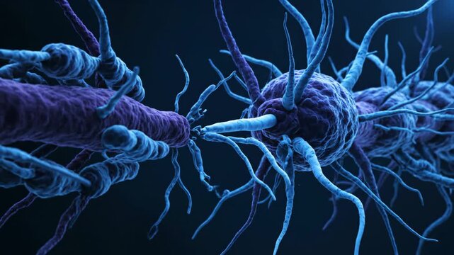 Microscopic 3D animation of rod-shaped bacteria infecting a host cell, showing cellular interaction and disease spread.