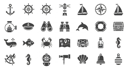 Nautical Icons Collection Marine Symbols Set. © Janahchan