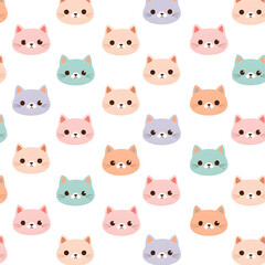 Obraz premium Cute pastel cat faces seamless pattern on white background