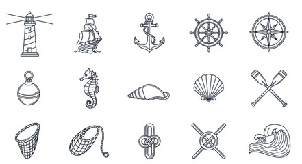 Nautical Icons Collection Lighthouse Ship Anchor Compass Wheel. © Janahchan