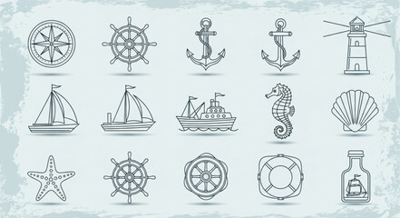 Nautical Icons Collection Hand Drawn Sketch Style. © Janahchan