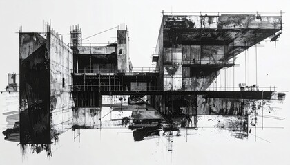 Obraz premium Abstract Black and White Architecture with Rectangular Blocks and Rough Texture