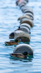 Ducks swim near a floating line of concrete structures in blue water