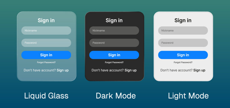 Registration form and login form page ui design with liquid glass style