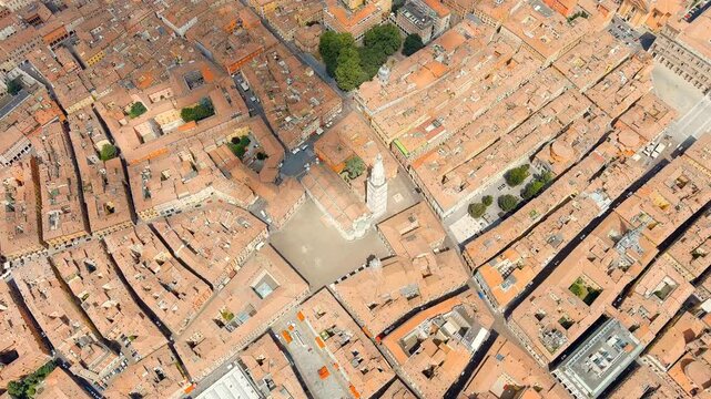 Modena, Italy. Modena Cathedral. Famous Romanesque cathedral with bell tower. Historical Center. Summer. Drone footage