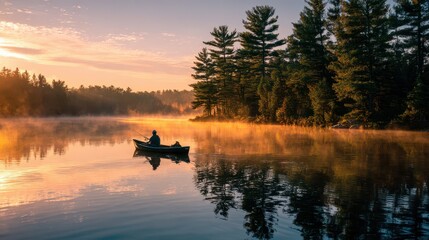 Fototapeta premium Early morning fishing scene on a calm lake with warm light and soft reflections