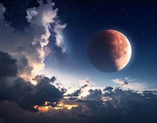 Eclipse of a large celestial body shrouded by luminous clouds at twilight