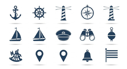 Nautical Icons Collection Featuring Anchor Ship Wheel Lighthouse Compass Binoculars. © Dianchan