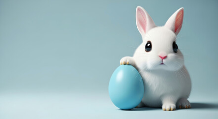 Fototapeta premium Adorable white bunny holding a large blue easter egg on light blue background