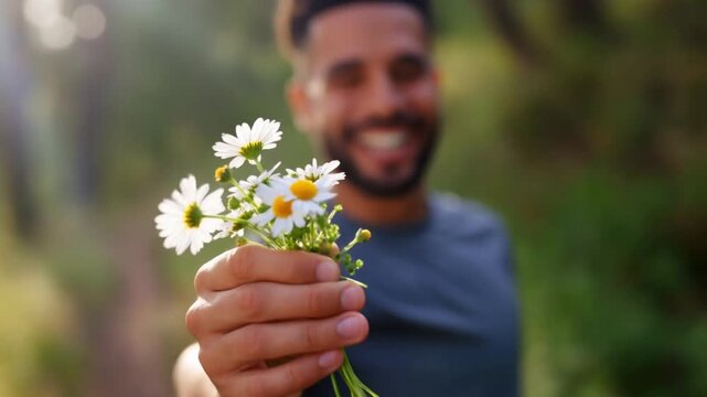 An energetic mixed-race runner in athletic wear offers wild daisies with a radiant smile on a blurred forest trail background concept of a healthy, spontaneous and life-affirming gesture