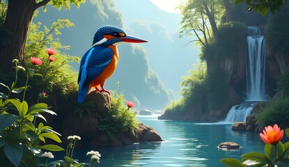 A blue and orange bird is perched on a rock next to a waterfall.
