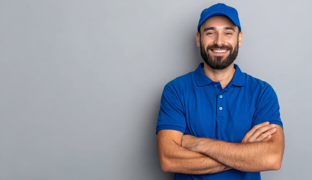 Smiling delivery man with a beard wearing a blue polo shirt and matching cap, standing confidently with arms crossed against a plain light gray background