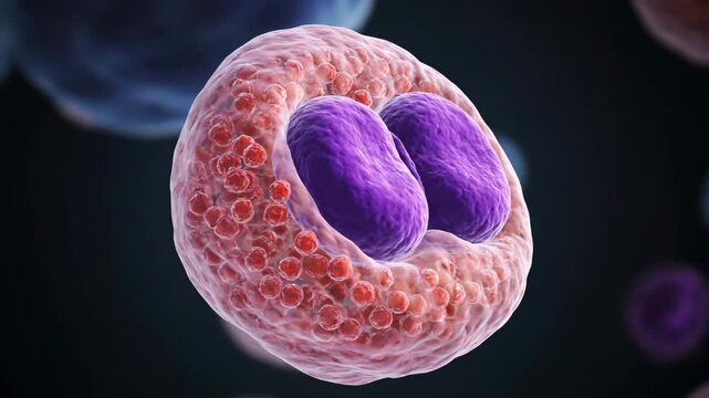 Microscopic view of an Eosinophil, a type of granulocyte, crucial for immune response and fighting parasites.