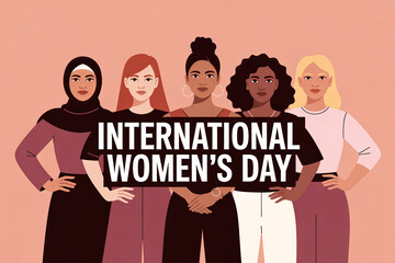 Diverse group of five women stand together with text for International Womens Day