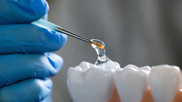Gloved hand applying fluoride varnish to tooth model, macro