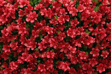 Vivid Red Artificial Flowers Wall, Dense Floral Pattern with Green Leaves, Decorative Background Texture.