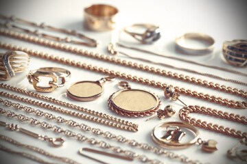 金を含む貴金属類のアクセサリーを並べた集合写真