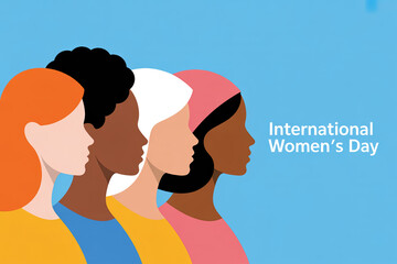 Group of diverse womens profiles on a vibrant blue background celebrating International Womens Day