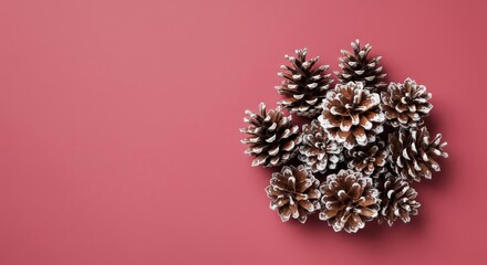 Pinecones with a touch of white, arranged on a vibrant red background, creating a festive and natural display.