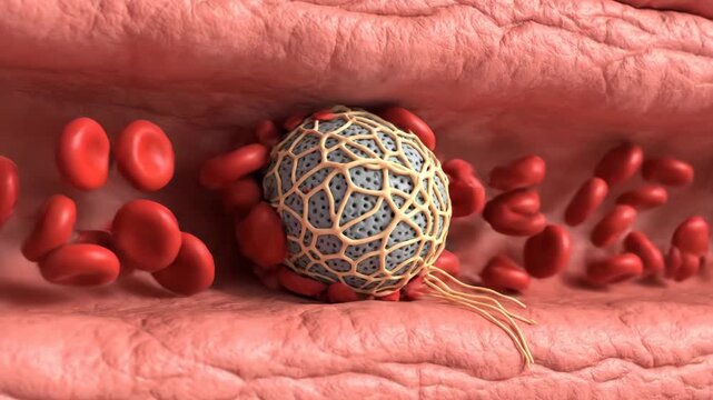 Microscopic view of blood clot forming in a damaged vessel. Platelets aggregate, red blood cells get trapped by fibrin.