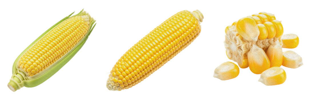 Set of fresh sweet corn cobs, whole ripe yellow maize with green husks and scattered kernels isolated on white background