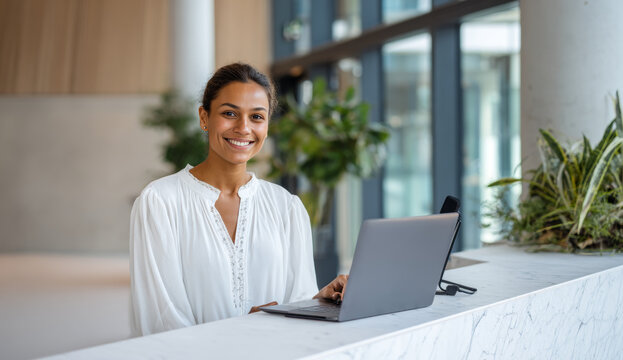 Smiling female receptionist with dark hair and warm expression sitting at front desk in modern office environment with large windows and indoor plants