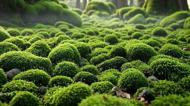 Lush green moss blankets the forest floor in a serene landscape.