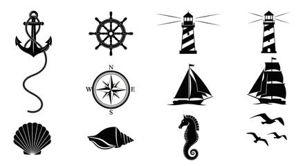 Nautical Icons Collection Anchor Ship Wheel Compass Lighthouse. © Jaganchan