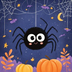 Fototapeta premium Friendly cartoon spider icon among delicate cobwebs for festive decor